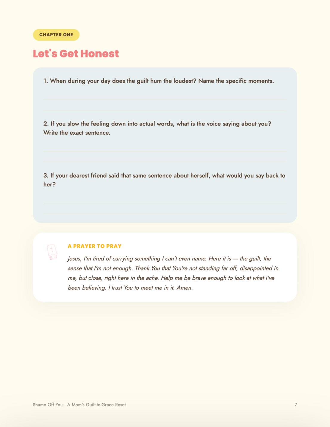 A workbook page of reflection prompts with space to write, and a written prayer